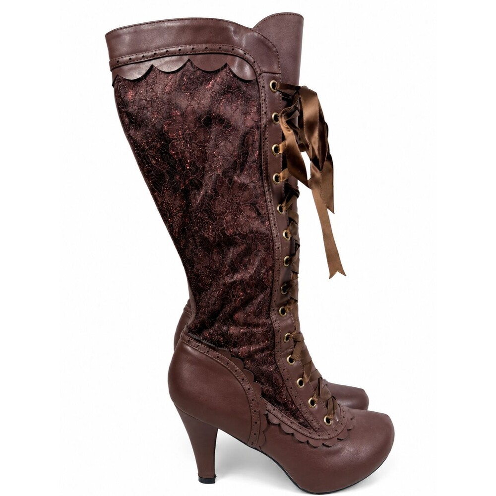 Ellie Victorian Steampunk Lace Up Knee High Boots Size 7 Brown Platform Goth - Picture 2 of 16